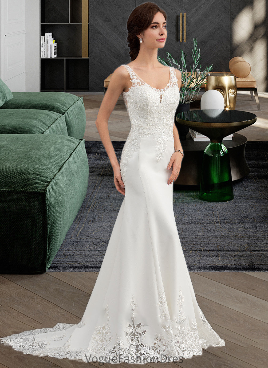 Ariel Trumpet/Mermaid V-neck Court Train Lace Stretch Crepe Wedding Dress With Sequins DKP0013738