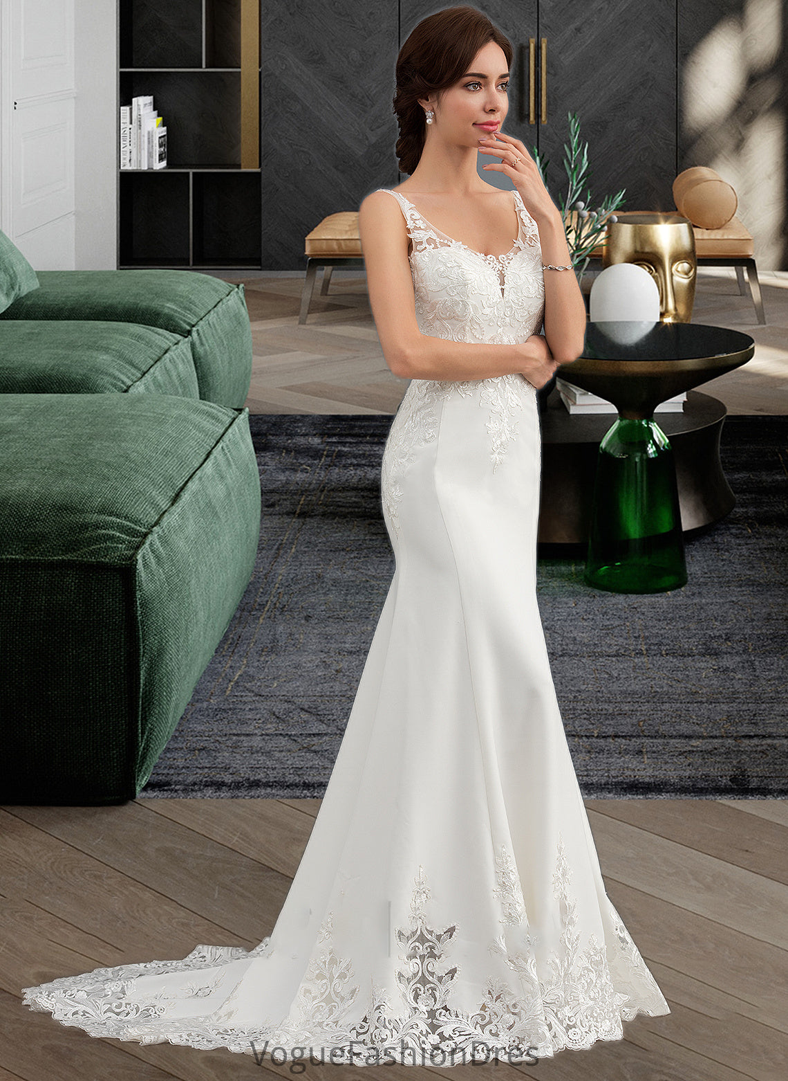 Ariel Trumpet/Mermaid V-neck Court Train Lace Stretch Crepe Wedding Dress With Sequins DKP0013738