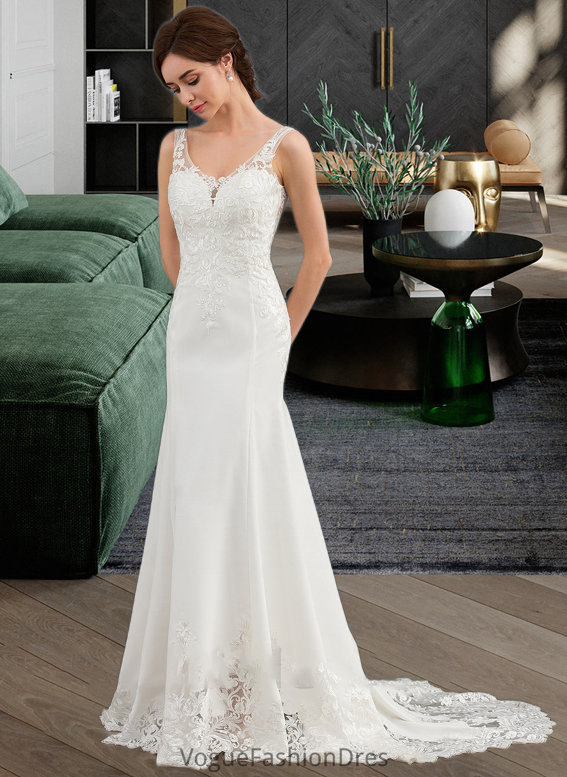 Ariel Trumpet/Mermaid V-neck Court Train Lace Stretch Crepe Wedding Dress With Sequins DKP0013738