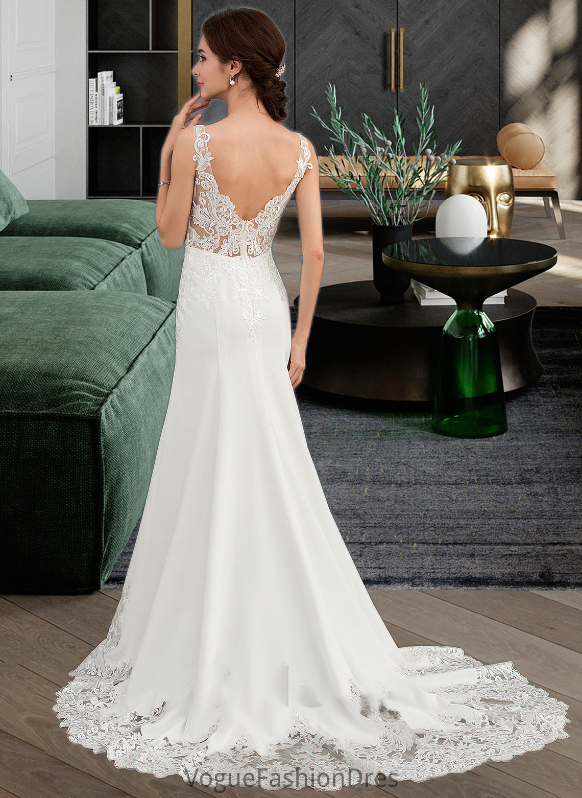 Ariel Trumpet/Mermaid V-neck Court Train Lace Stretch Crepe Wedding Dress With Sequins DKP0013738