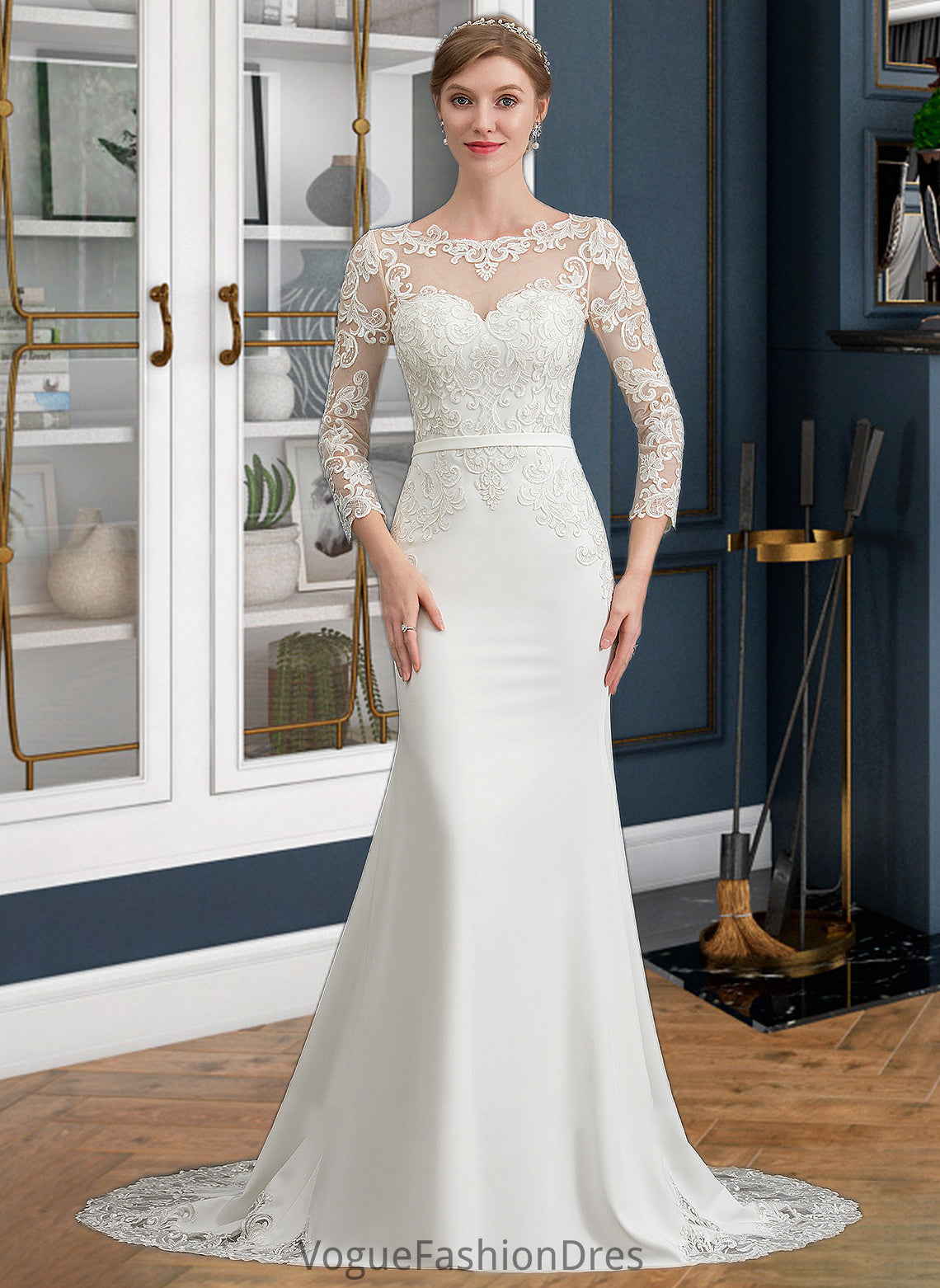 Kaya Trumpet/Mermaid Illusion Chapel Train Stretch Crepe Wedding Dress With Lace DKP0013740