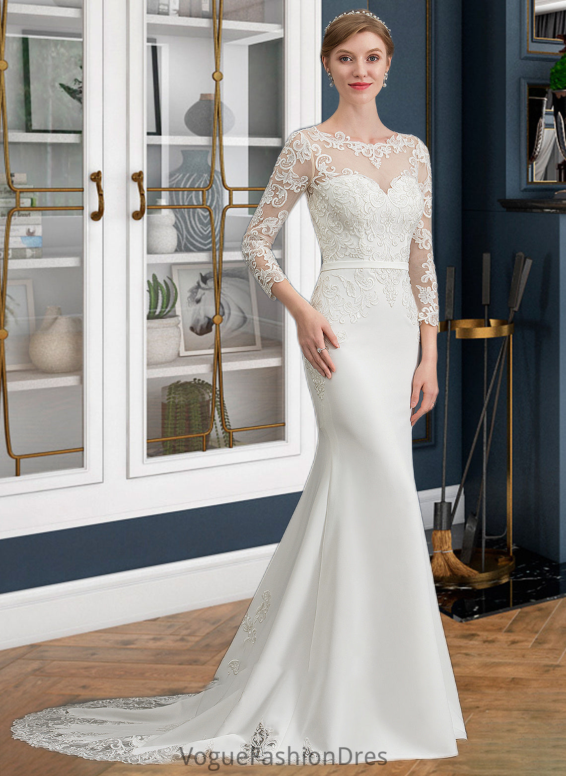 Kaya Trumpet/Mermaid Illusion Chapel Train Stretch Crepe Wedding Dress With Lace DKP0013740