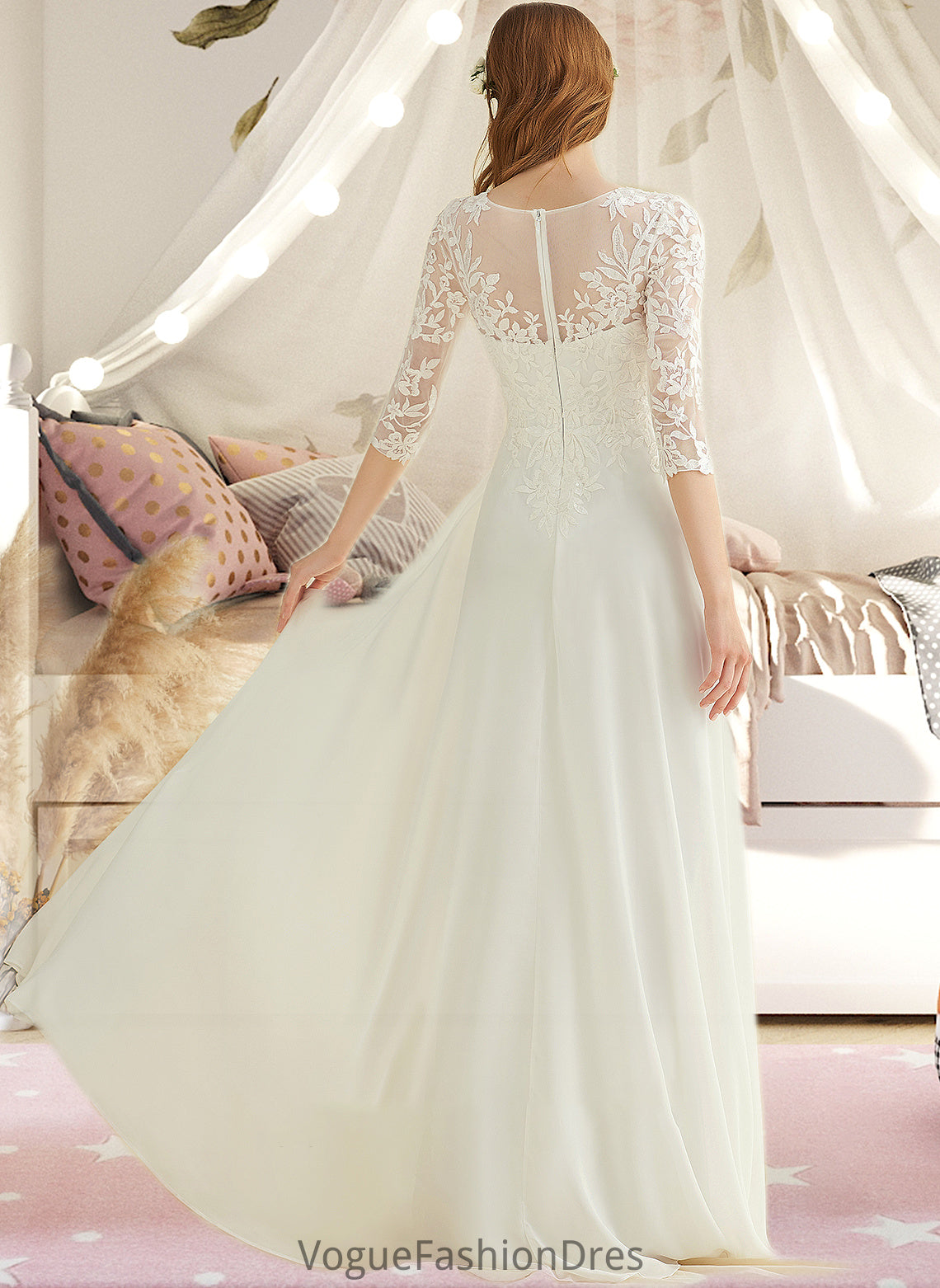 Layla A-Line V-neck Floor-Length Chiffon Lace Wedding Dress DKP0013745