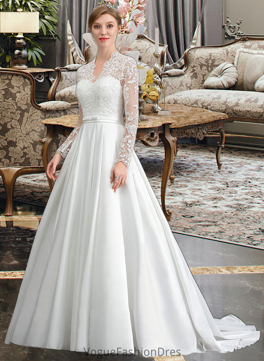 Katharine Ball-Gown/Princess V-neck Court Train Satin Wedding Dress With Bow(s) DKP0013746