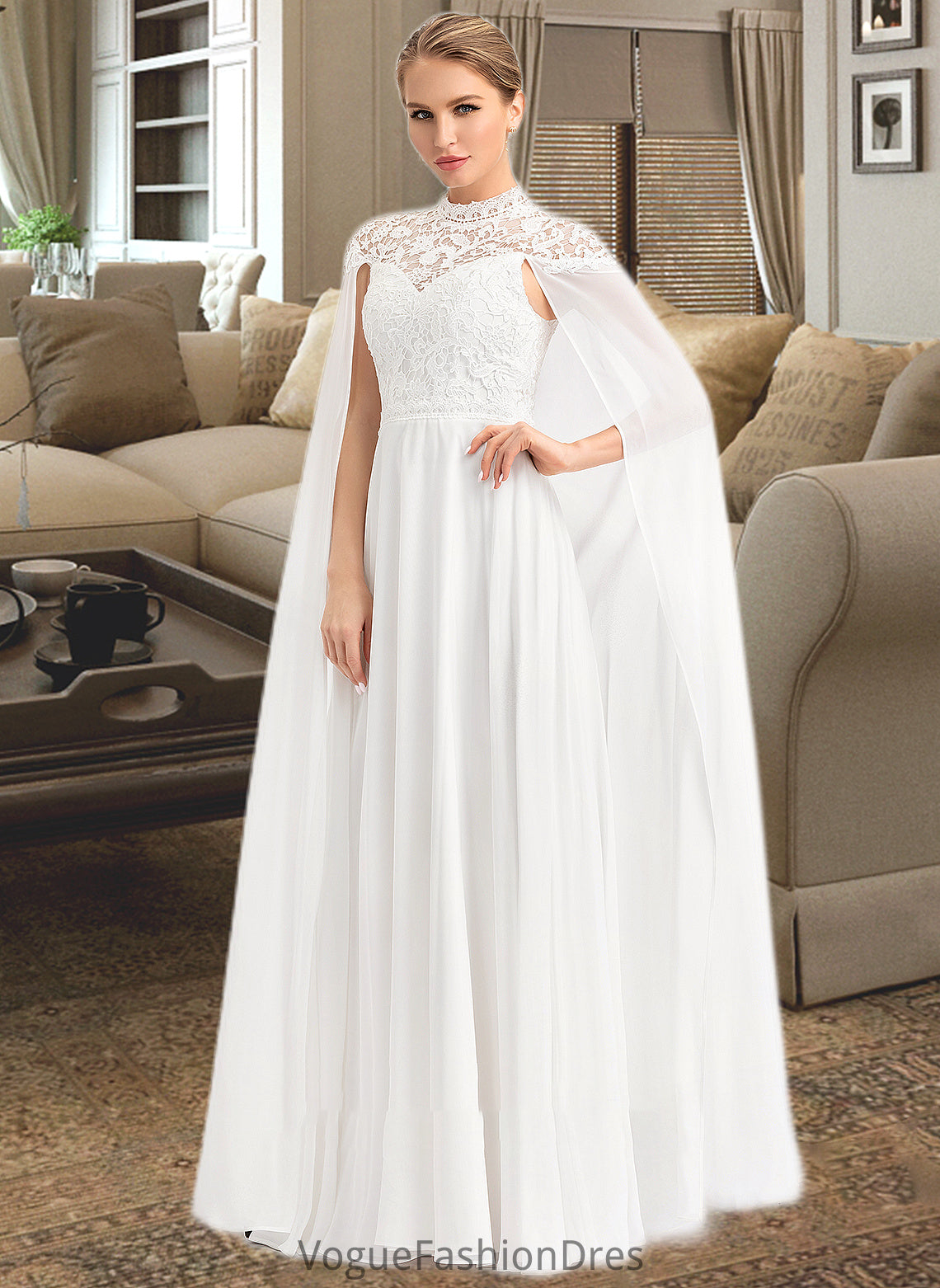 Skyler A-Line High Neck Floor-Length Chiffon Wedding Dress DKP0013748