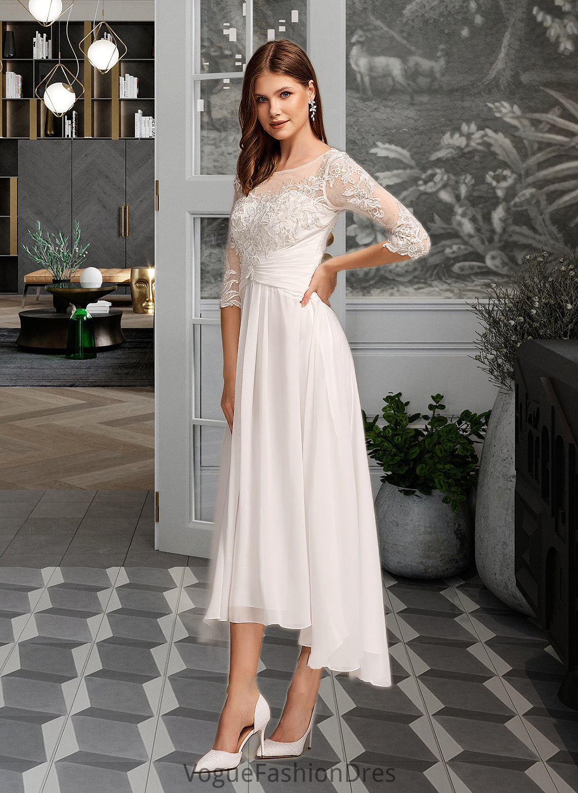 Diya A-Line Illusion Asymmetrical Wedding Dress With Lace DKP0013749