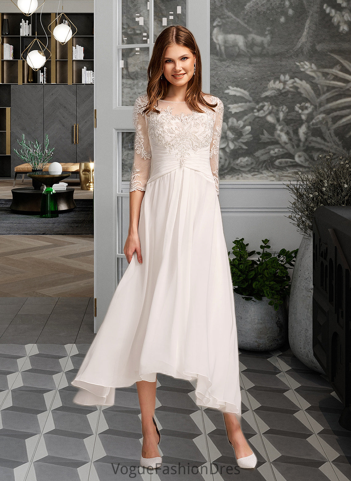 Diya A-Line Illusion Asymmetrical Wedding Dress With Lace DKP0013749