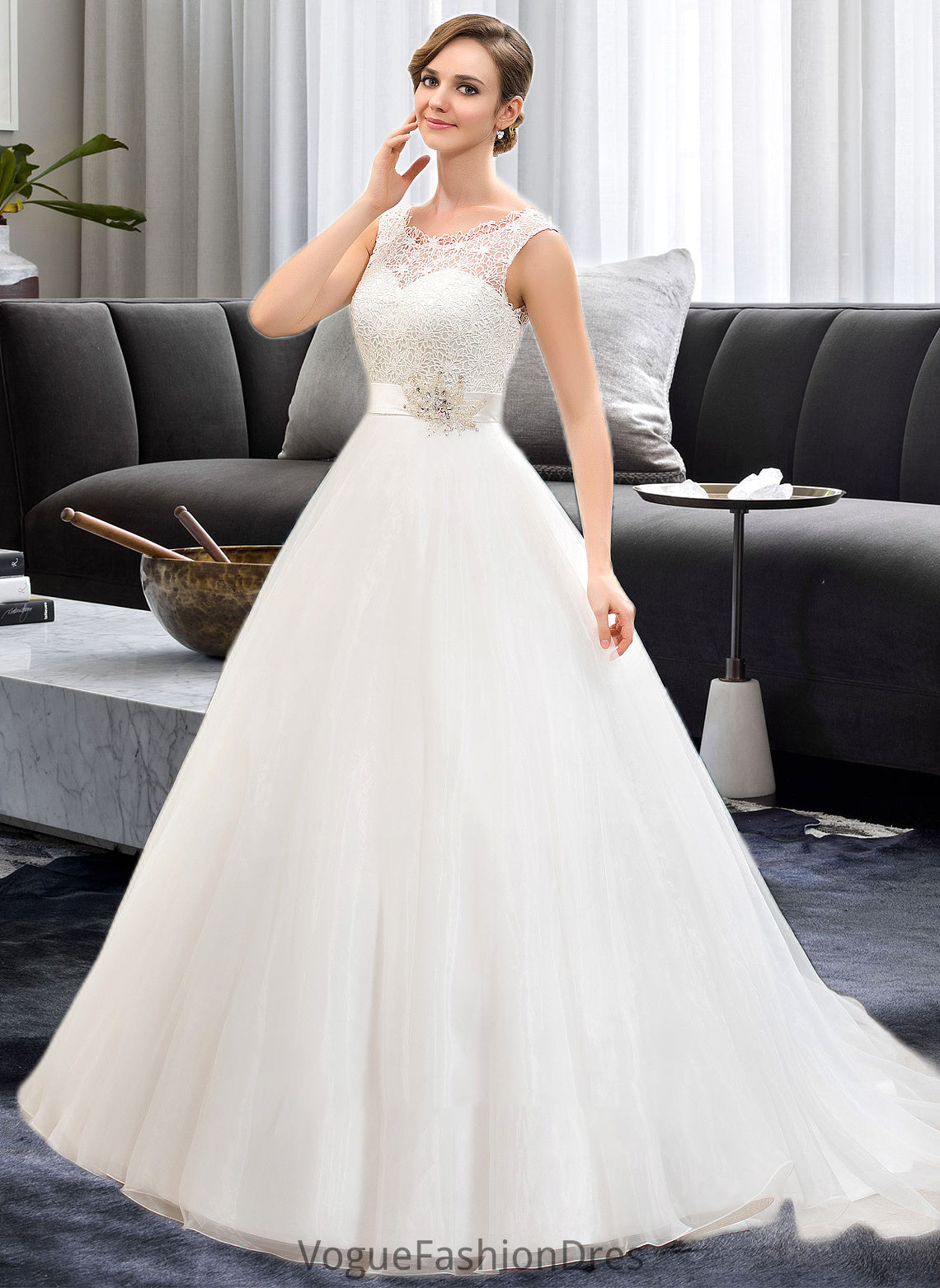 Camille Ball-Gown/Princess Scoop Neck Sweep Train Organza Lace Wedding Dress With Beading Sequins DKP0013751