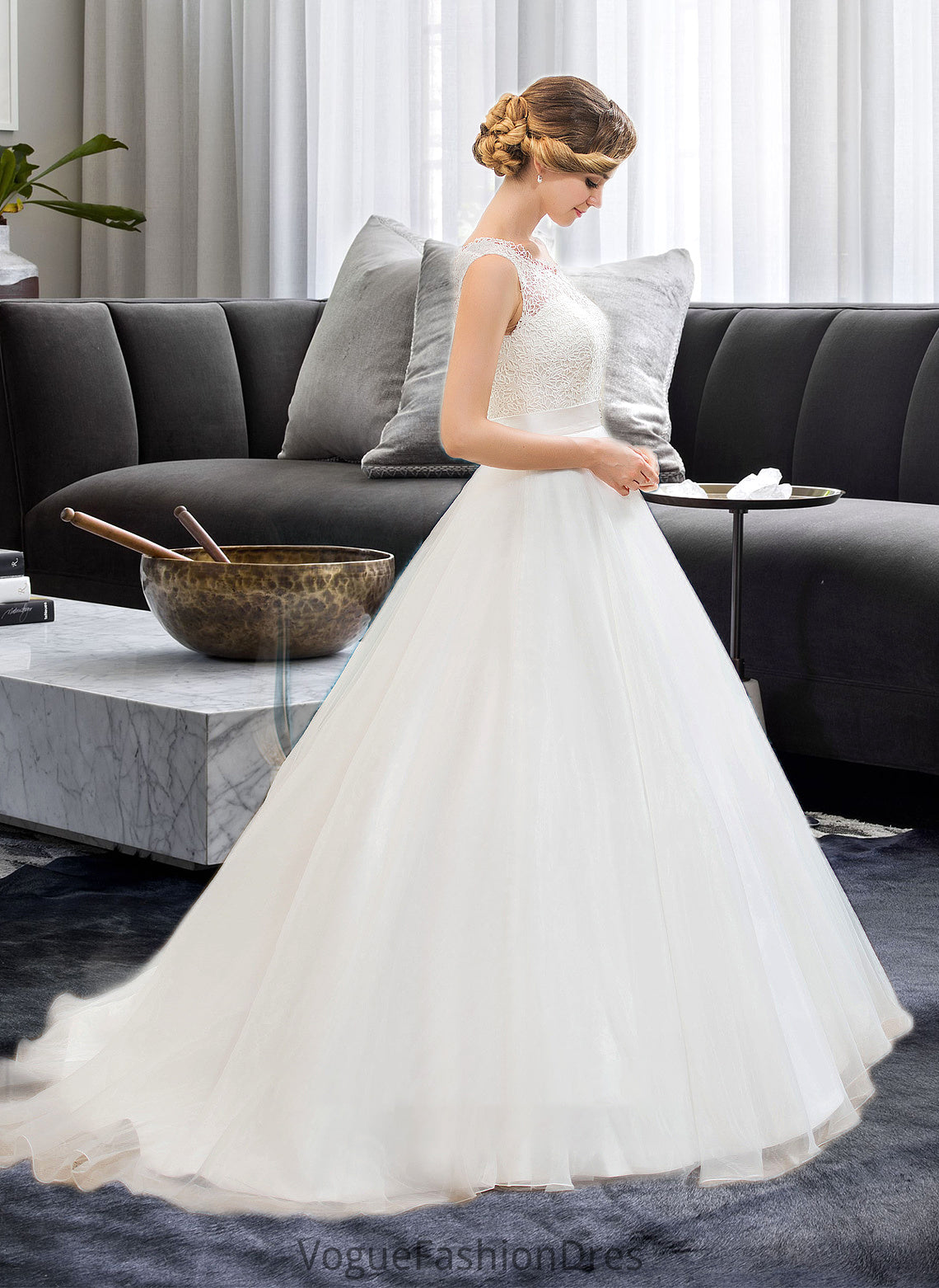 Camille Ball-Gown/Princess Scoop Neck Sweep Train Organza Lace Wedding Dress With Beading Sequins DKP0013751