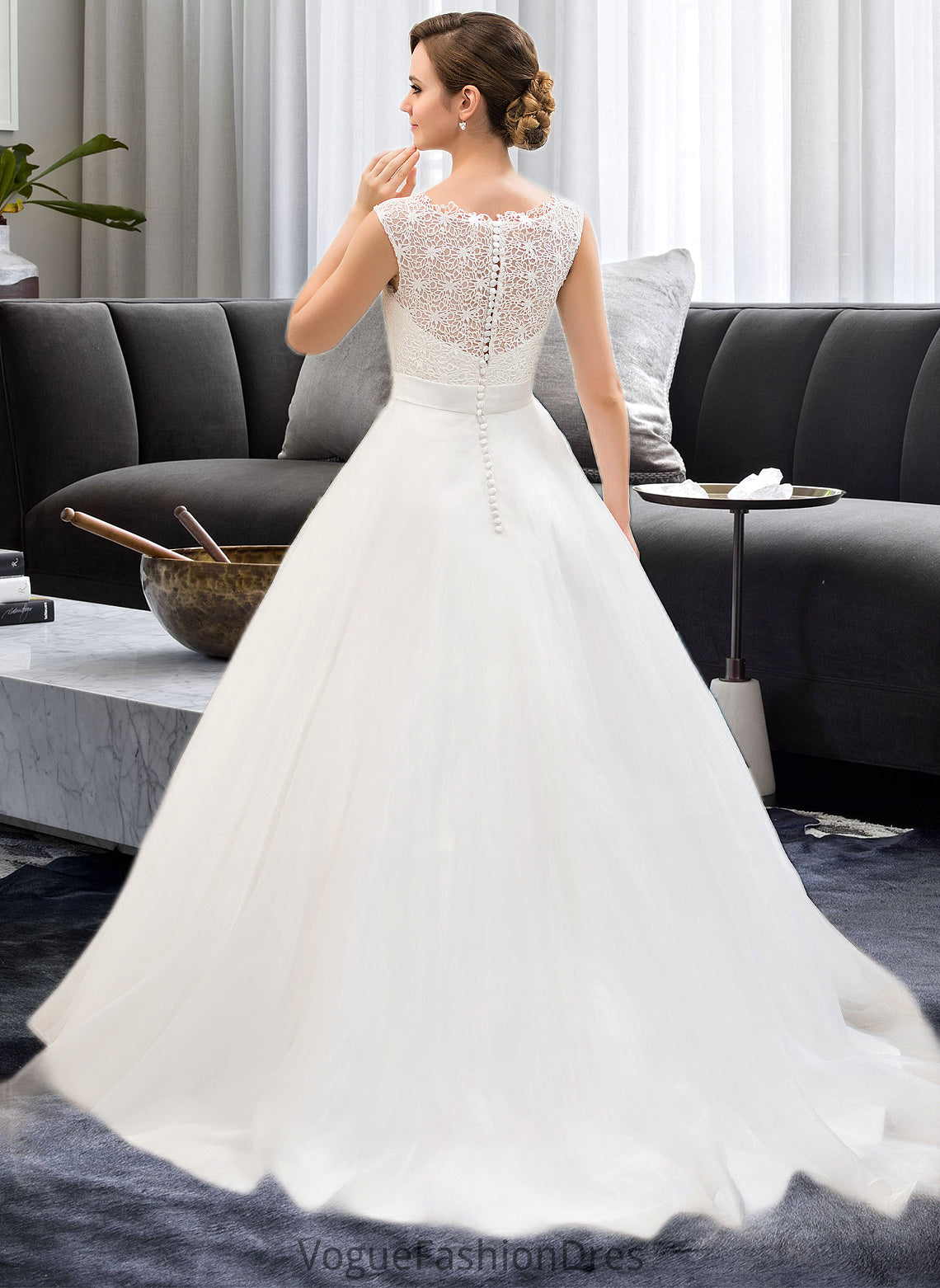 Camille Ball-Gown/Princess Scoop Neck Sweep Train Organza Lace Wedding Dress With Beading Sequins DKP0013751