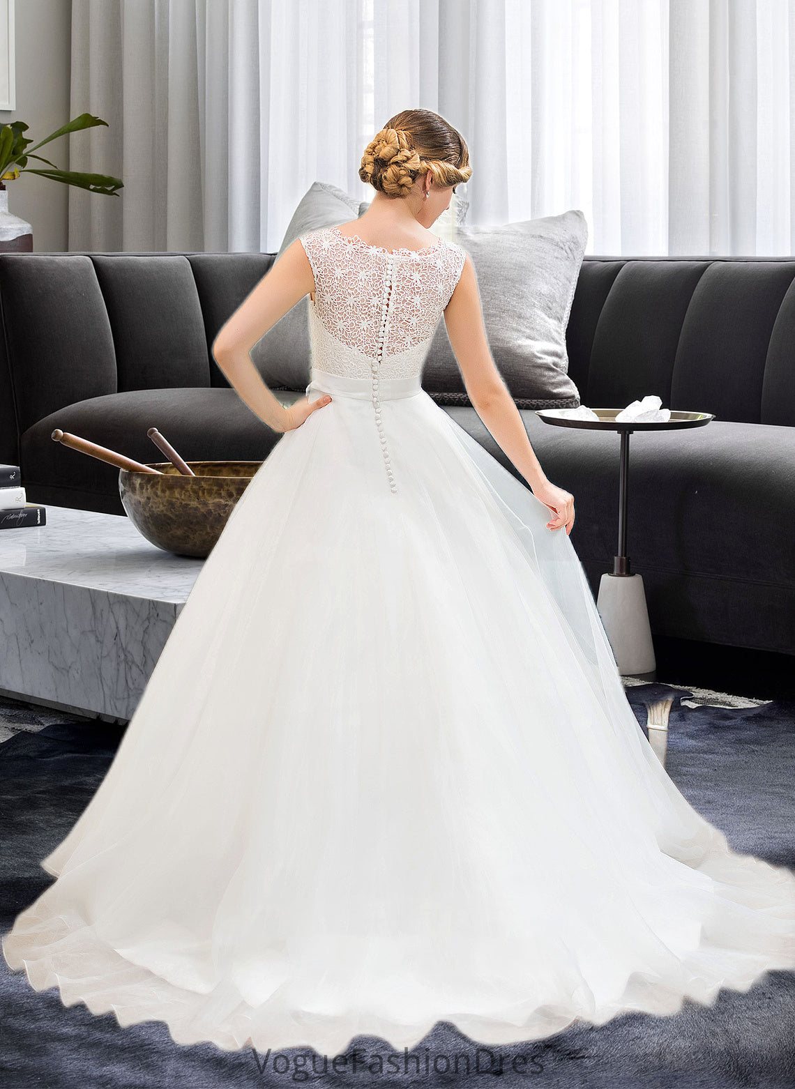 Camille Ball-Gown/Princess Scoop Neck Sweep Train Organza Lace Wedding Dress With Beading Sequins DKP0013751