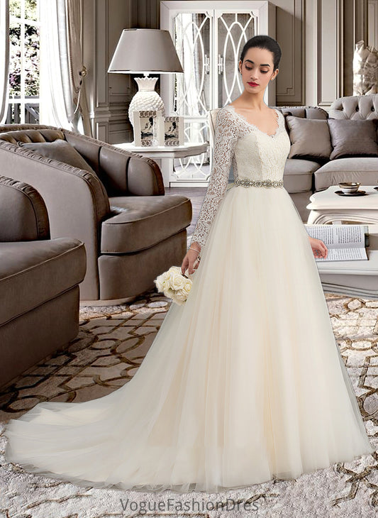 Selah Ball-Gown/Princess V-neck Court Train Tulle Lace Wedding Dress DKP0013756