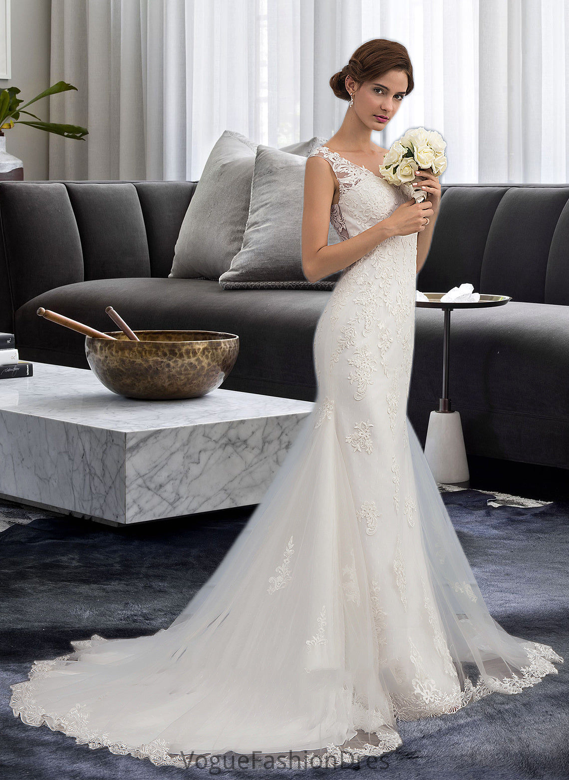 Kimberly Trumpet/Mermaid V-neck Court Train Tulle Wedding Dress DKP0013758