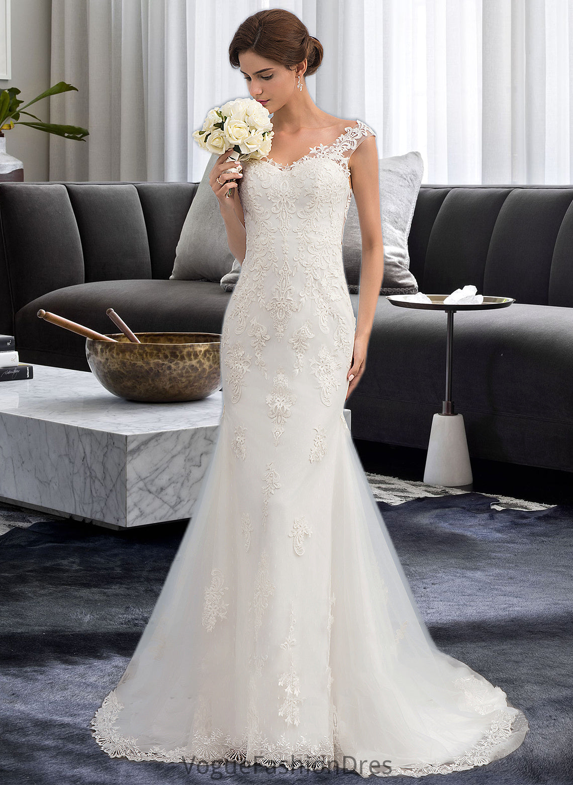 Kimberly Trumpet/Mermaid V-neck Court Train Tulle Wedding Dress DKP0013758