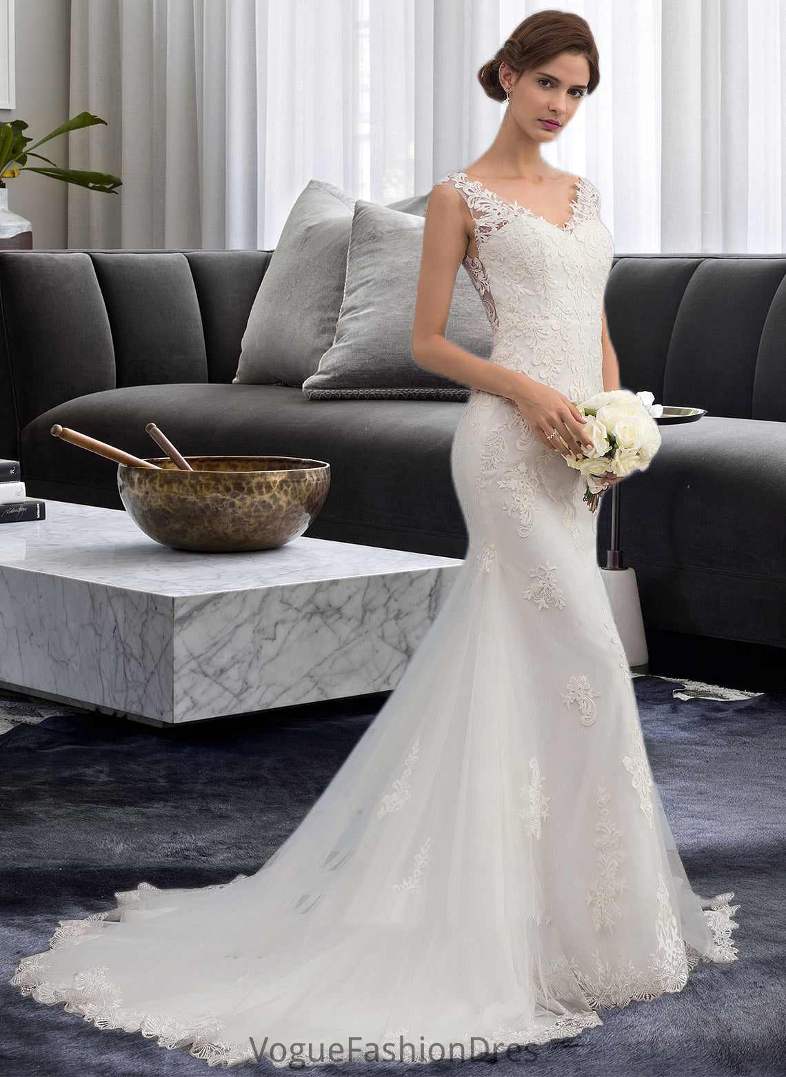 Kimberly Trumpet/Mermaid V-neck Court Train Tulle Wedding Dress DKP0013758