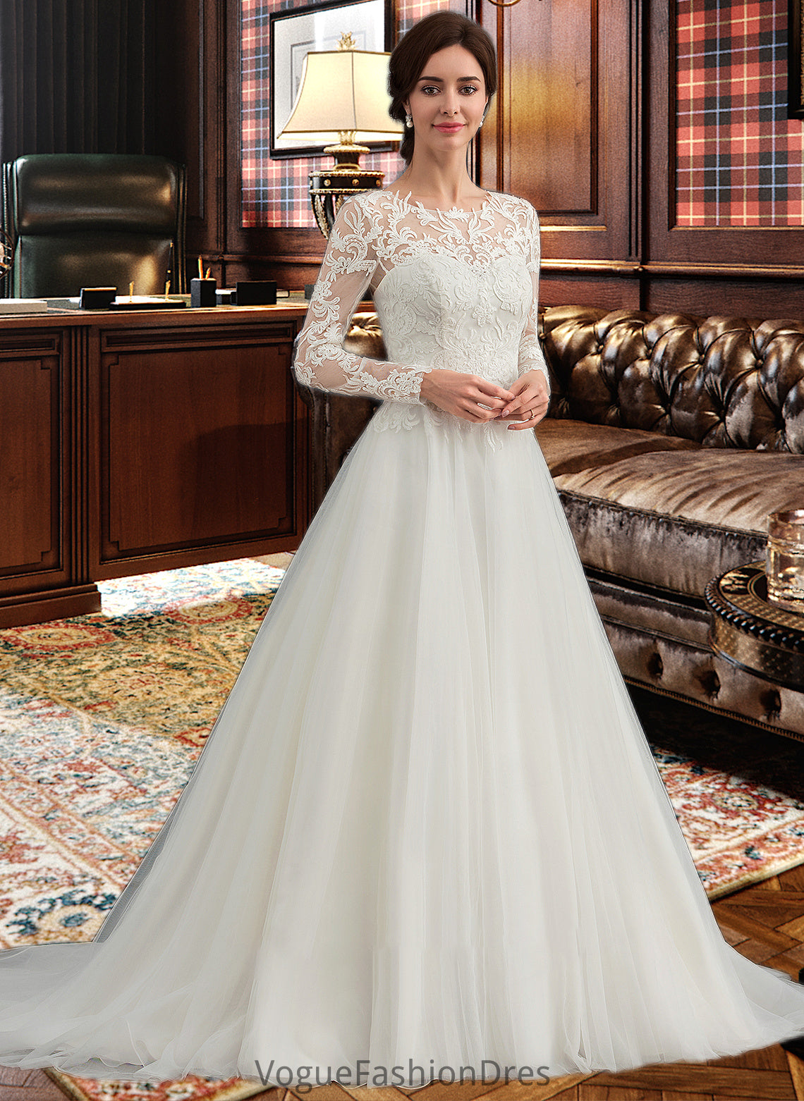 Taniyah Ball-Gown/Princess Scoop Neck Sweep Train Tulle Wedding Dress DKP0013759