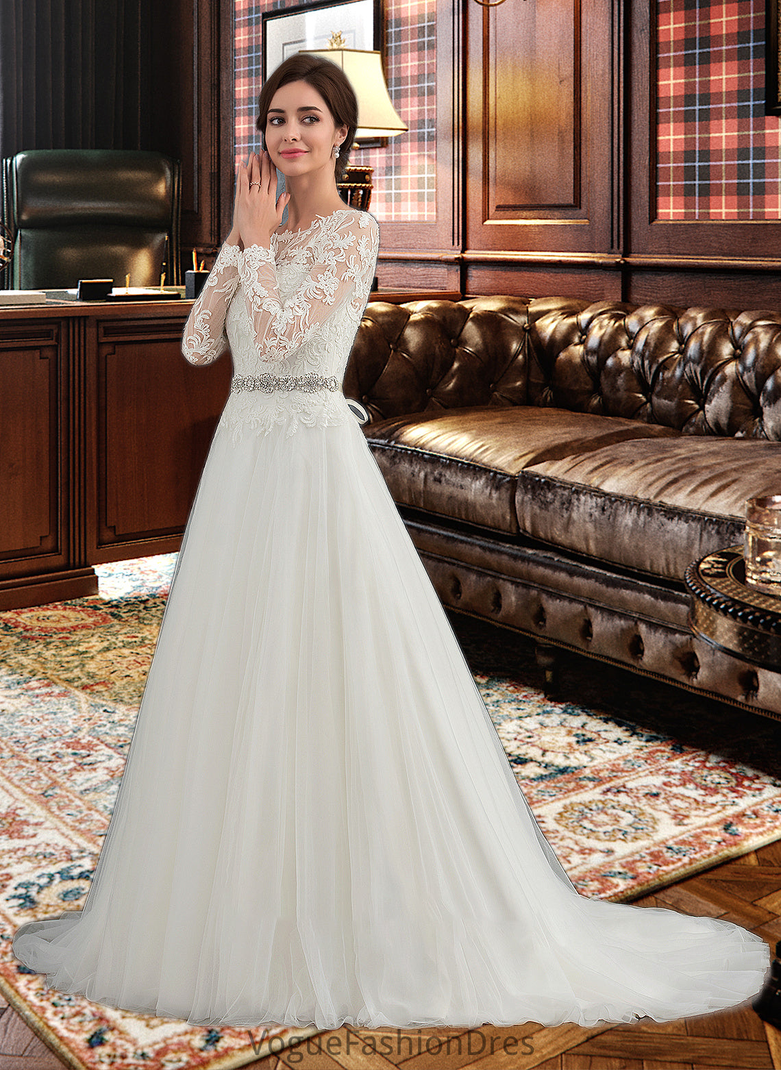 Taniyah Ball-Gown/Princess Scoop Neck Sweep Train Tulle Wedding Dress DKP0013759