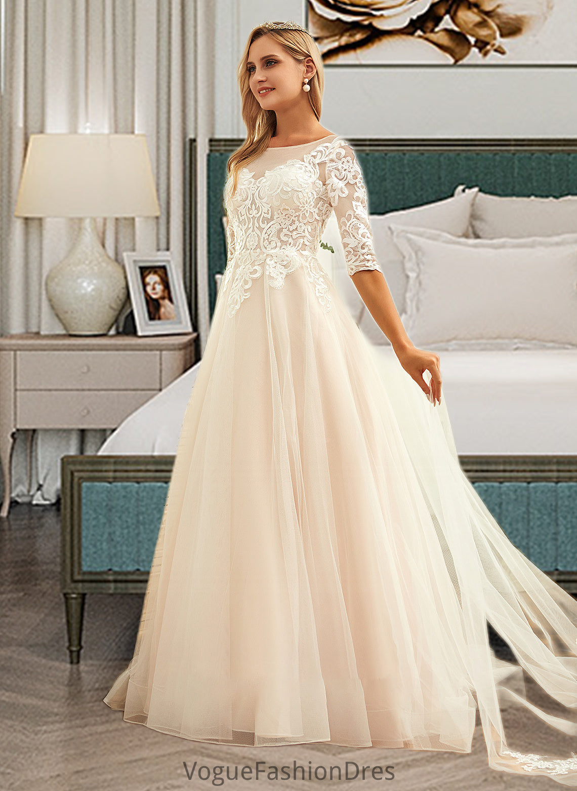 Madelyn Ball-Gown/Princess Scoop Neck Sweep Train Tulle Lace Wedding Dress DKP0013760