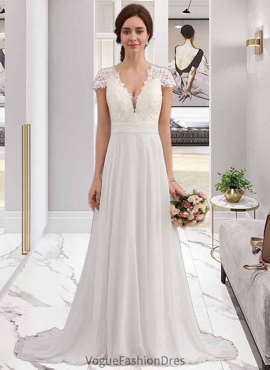 Michelle A-Line V-neck Sweep Train Chiffon Wedding Dress With Ruffle DKP0013761