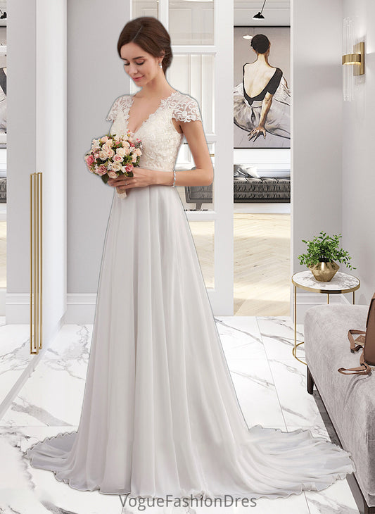 Michelle A-Line V-neck Sweep Train Chiffon Wedding Dress With Ruffle DKP0013761