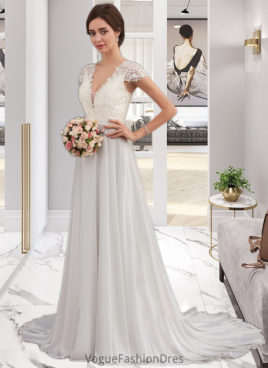 Michelle A-Line V-neck Sweep Train Chiffon Wedding Dress With Ruffle DKP0013761