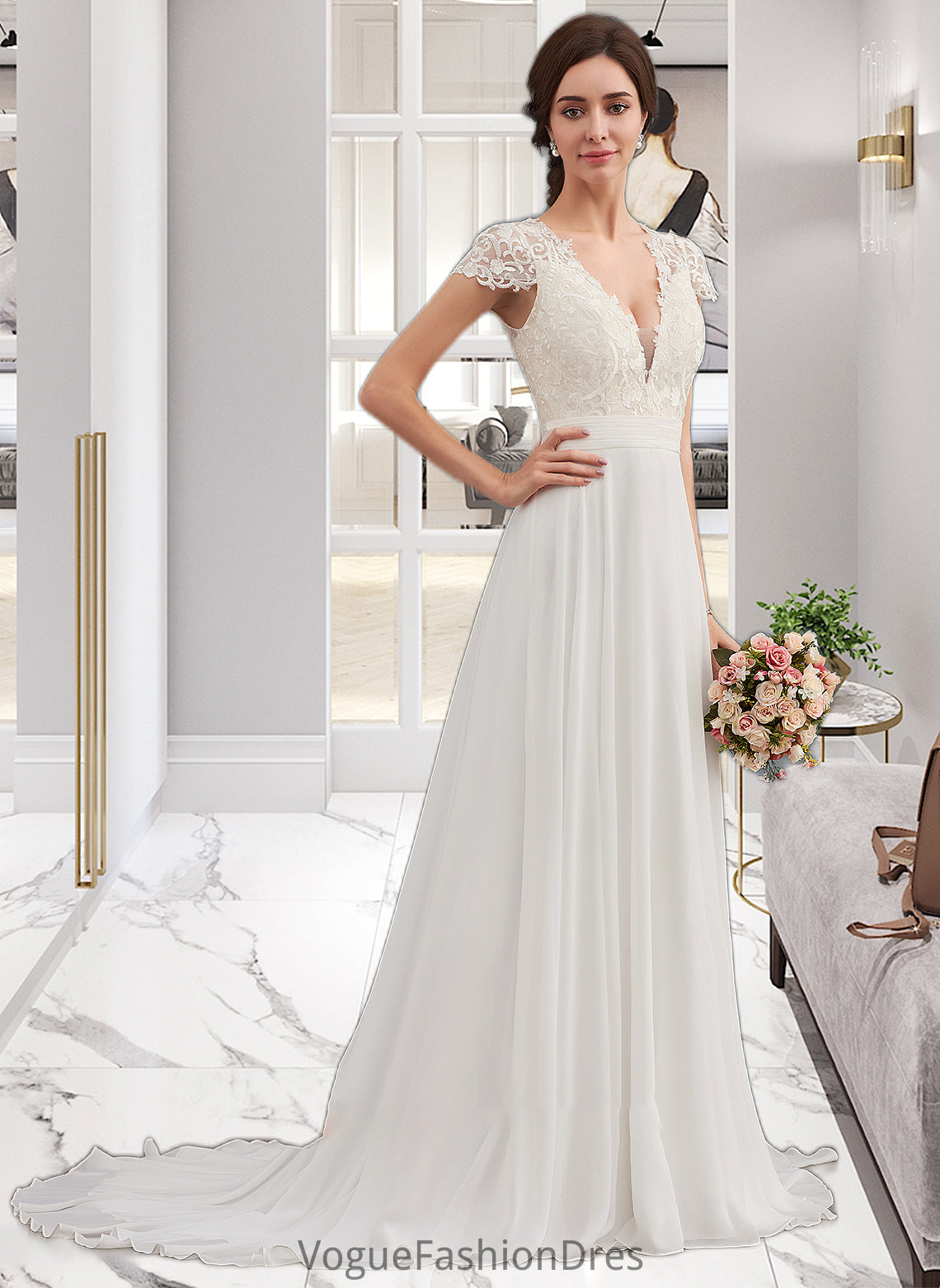 Michelle A-Line V-neck Sweep Train Chiffon Wedding Dress With Ruffle DKP0013761