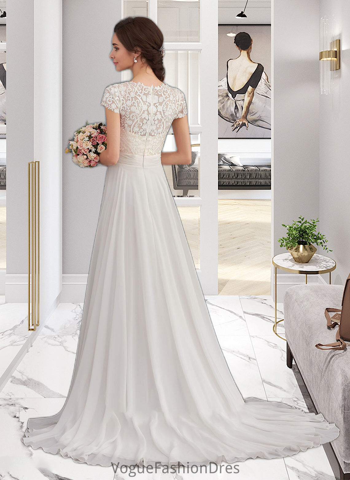 Michelle A-Line V-neck Sweep Train Chiffon Wedding Dress With Ruffle DKP0013761