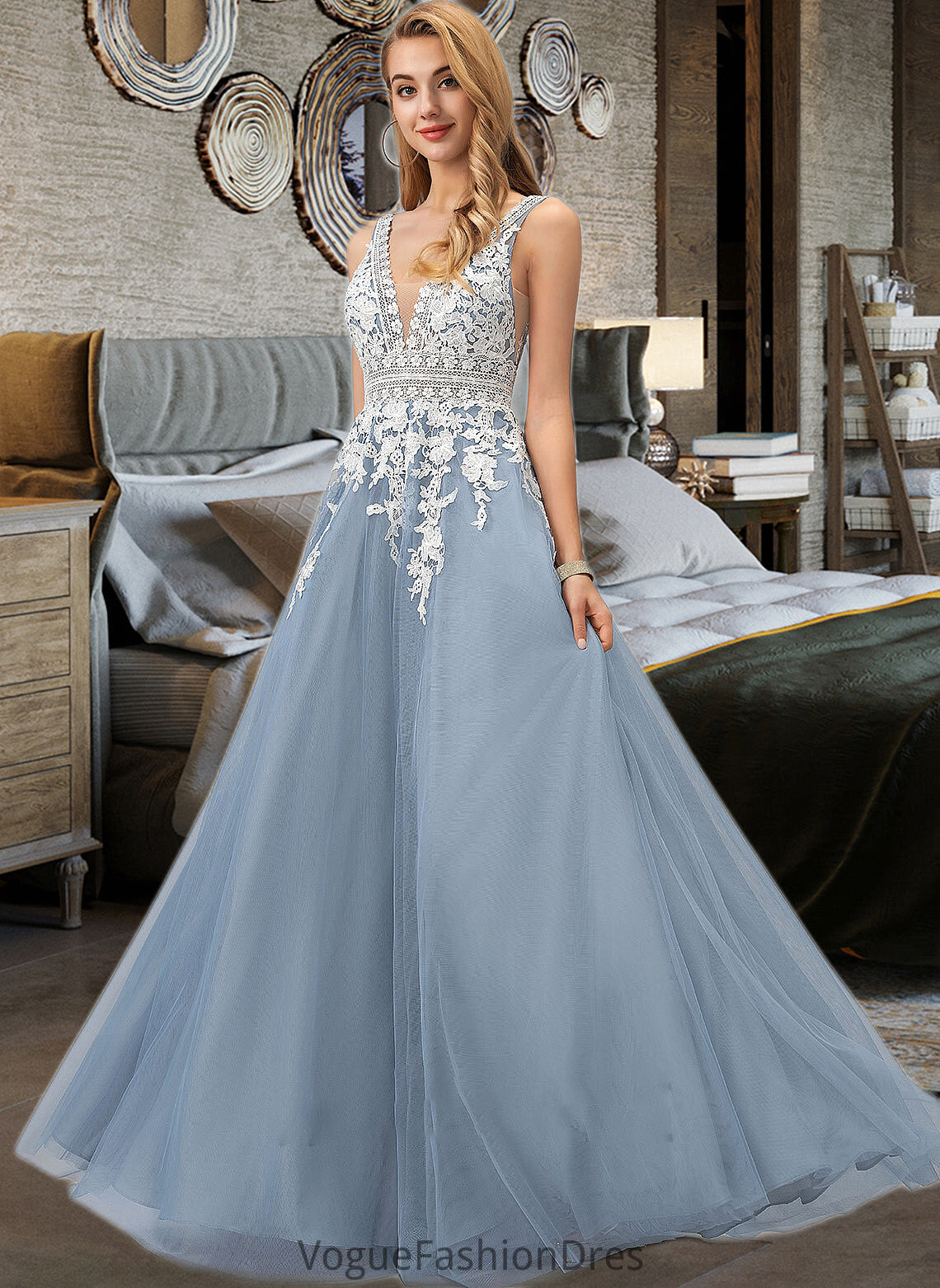 Emerson Ball-Gown/Princess V-neck Floor-Length Tulle Wedding Dress With Lace DKP0013763