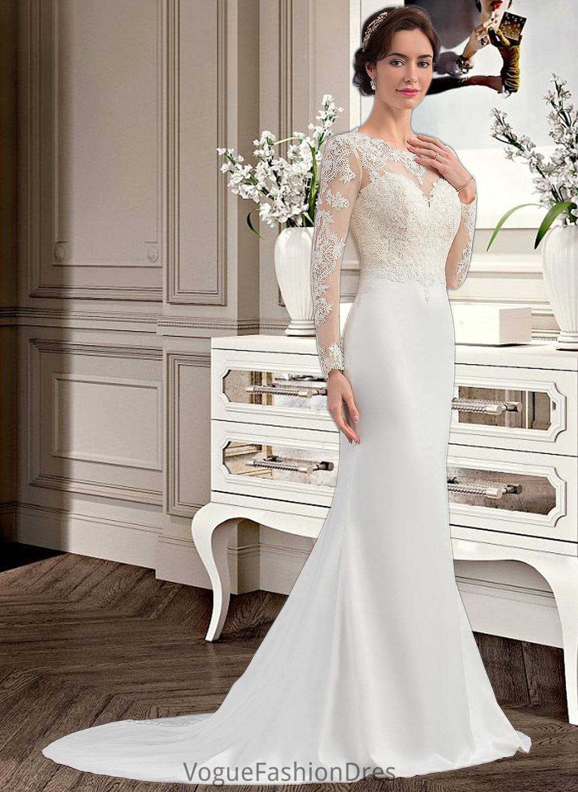 Taryn Trumpet/Mermaid Illusion Sweep Train Stretch Crepe Wedding Dress DKP0013767