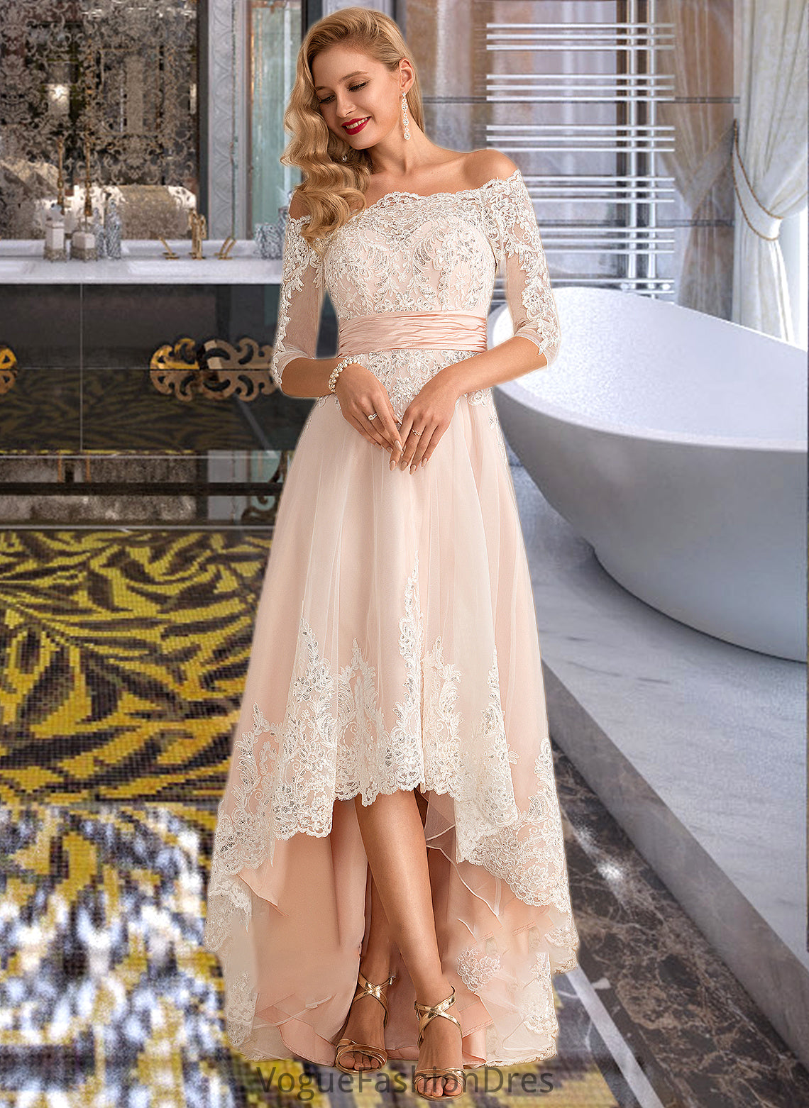 Erica A-Line Asymmetrical Satin Tulle Lace Wedding Dress With Sequins DKP0013769