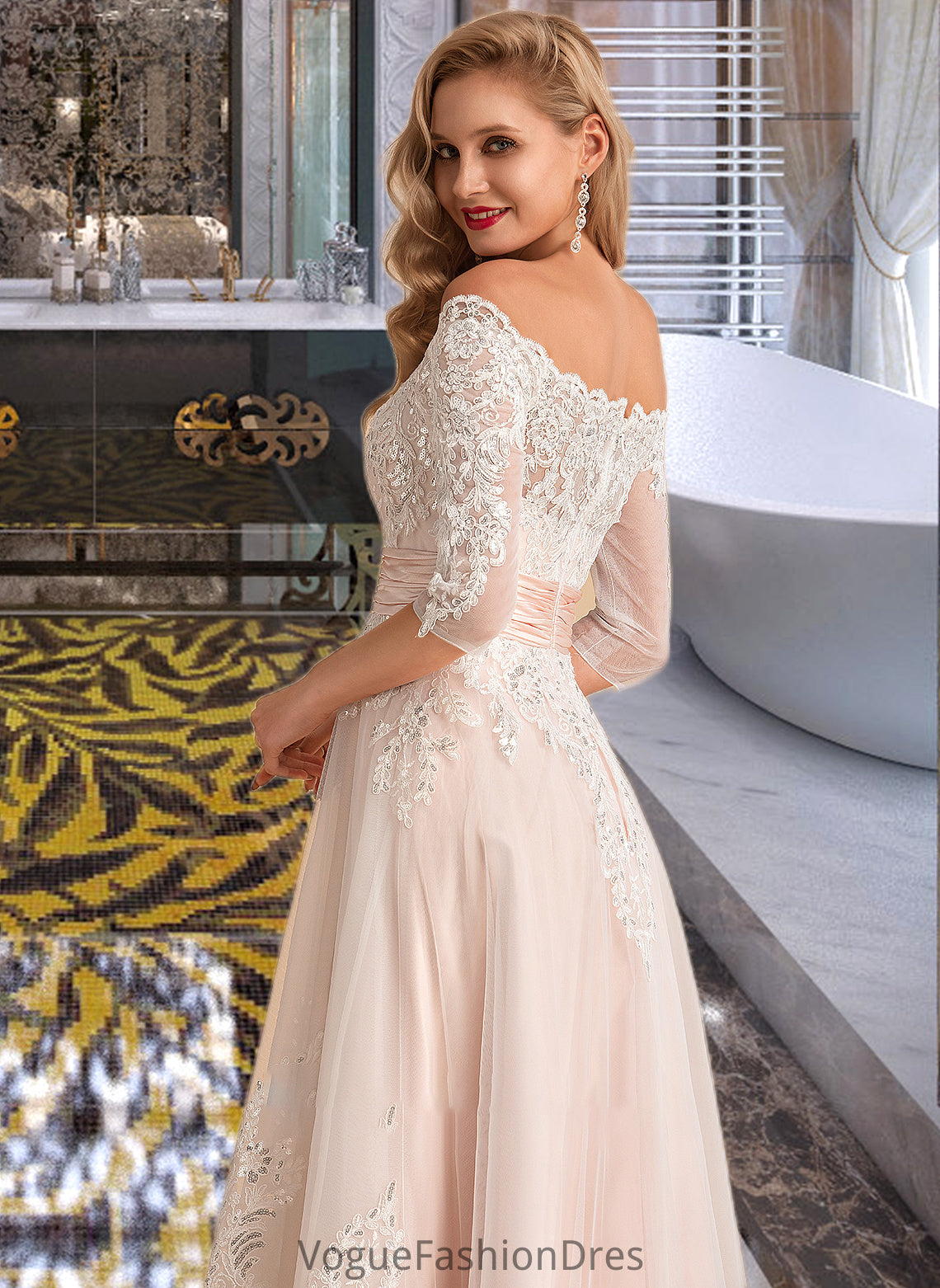 Erica A-Line Asymmetrical Satin Tulle Lace Wedding Dress With Sequins DKP0013769