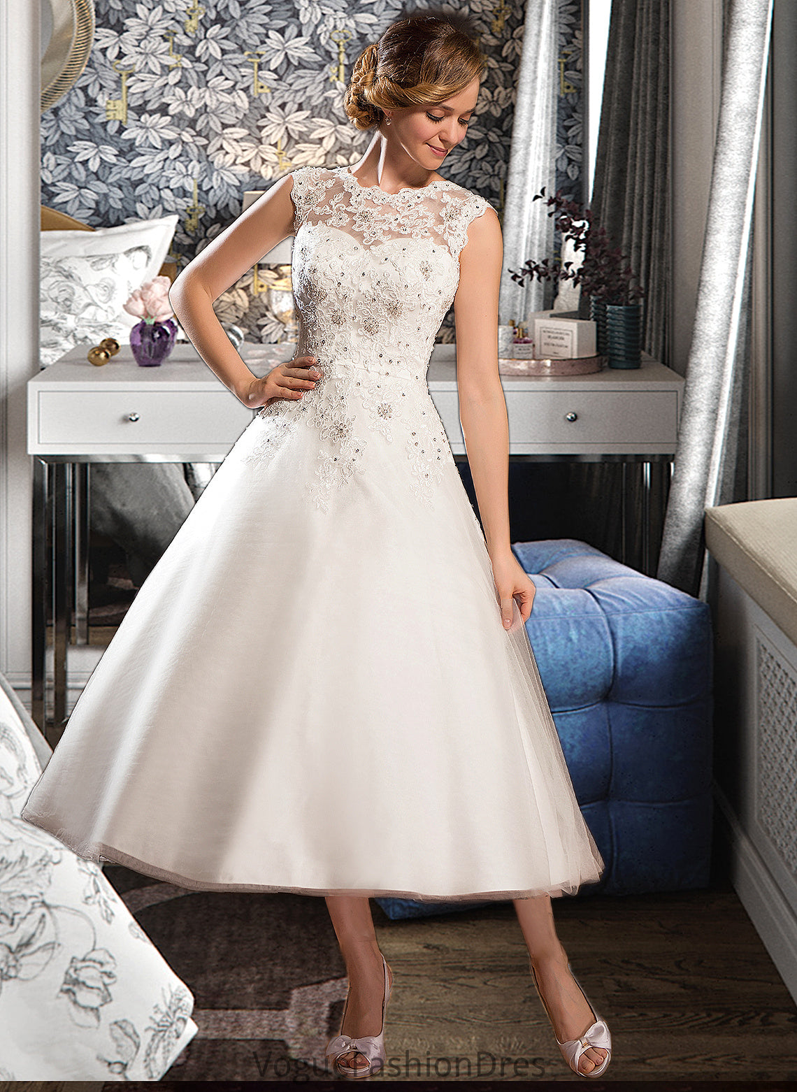 Gabriella Ball-Gown/Princess Scoop Neck Tea-Length Tulle Lace Wedding Dress With Beading Sequins DKP0013773