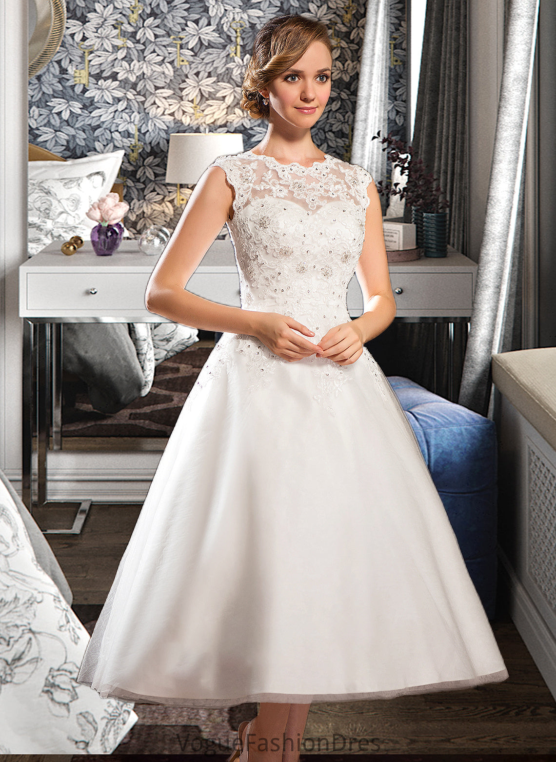 Gabriella Ball-Gown/Princess Scoop Neck Tea-Length Tulle Lace Wedding Dress With Beading Sequins DKP0013773