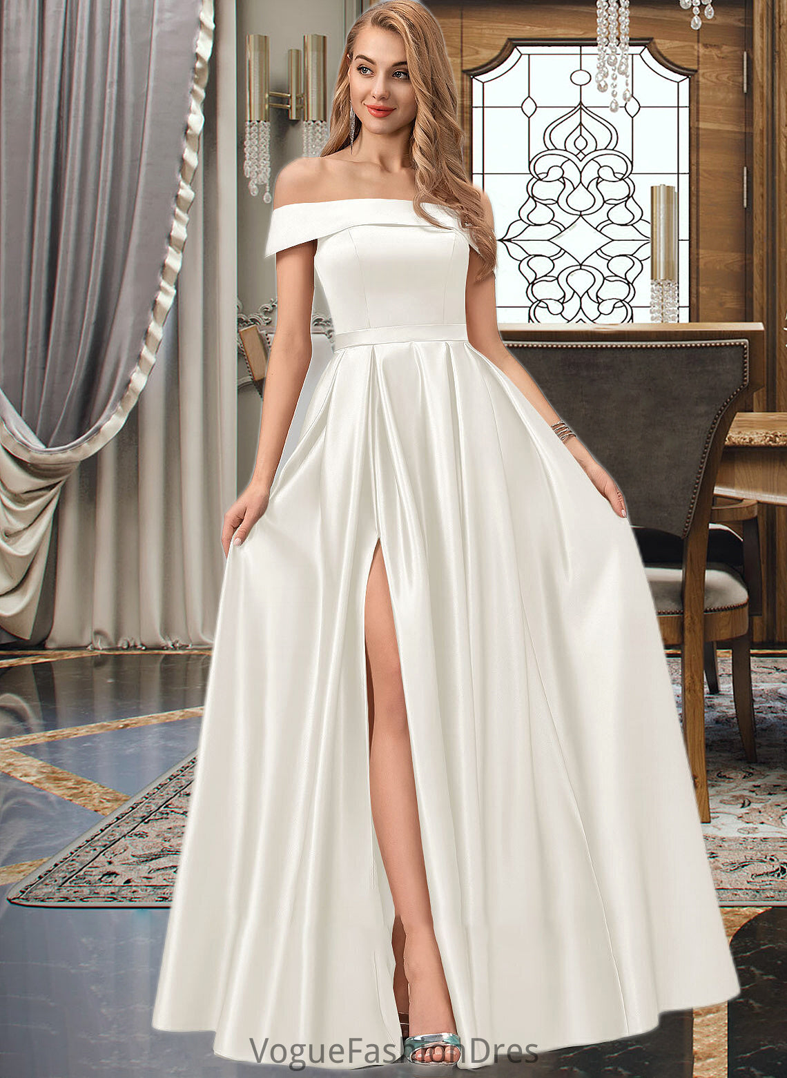 Jadyn Ball-Gown/Princess Off-the-Shoulder Floor-Length Satin Wedding Dress With Split Front Pockets DKP0013774