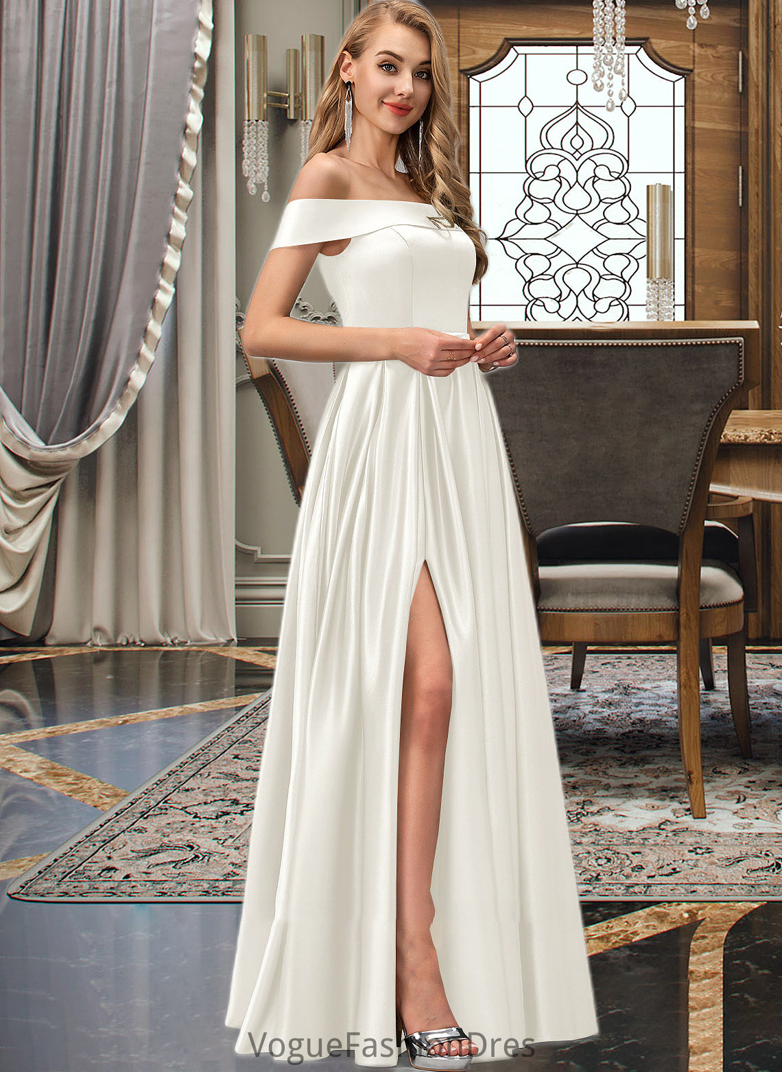 Jadyn Ball-Gown/Princess Off-the-Shoulder Floor-Length Satin Wedding Dress With Split Front Pockets DKP0013774