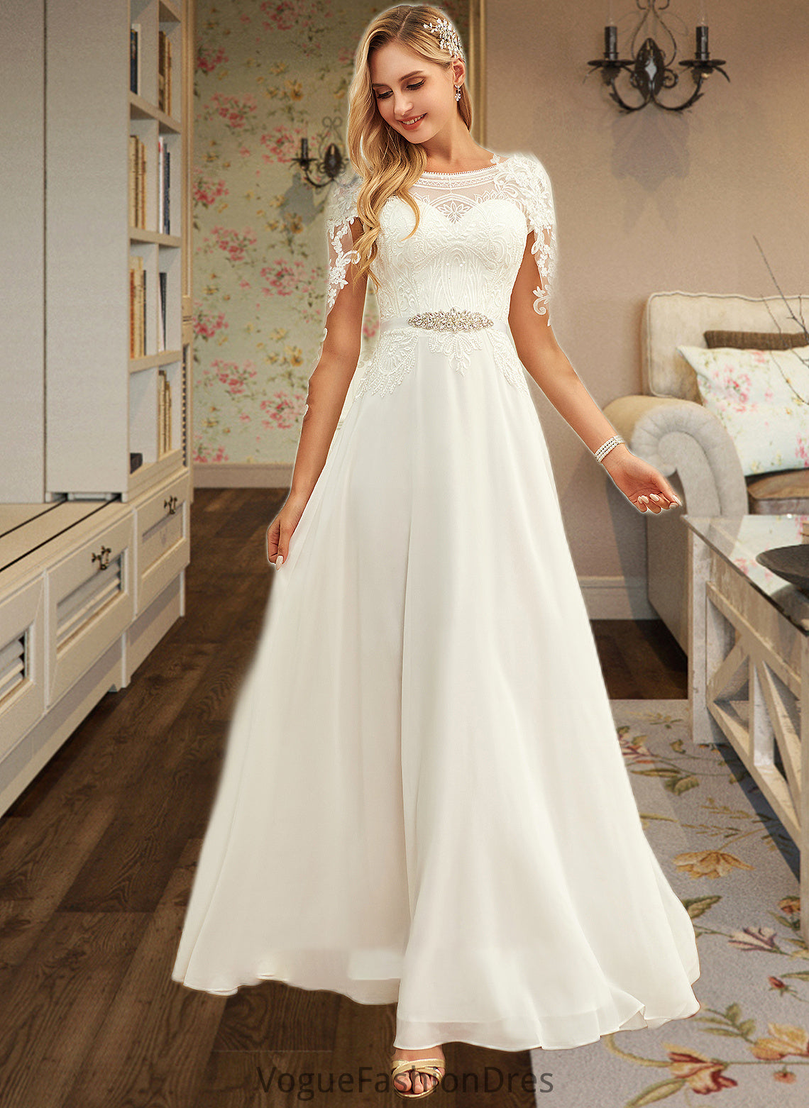 Marlee A-Line Scoop Neck Floor-Length Chiffon Lace Wedding Dress With Sequins DKP0013775