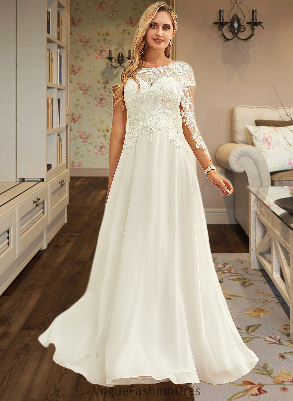 Marlee A-Line Scoop Neck Floor-Length Chiffon Lace Wedding Dress With Sequins DKP0013775