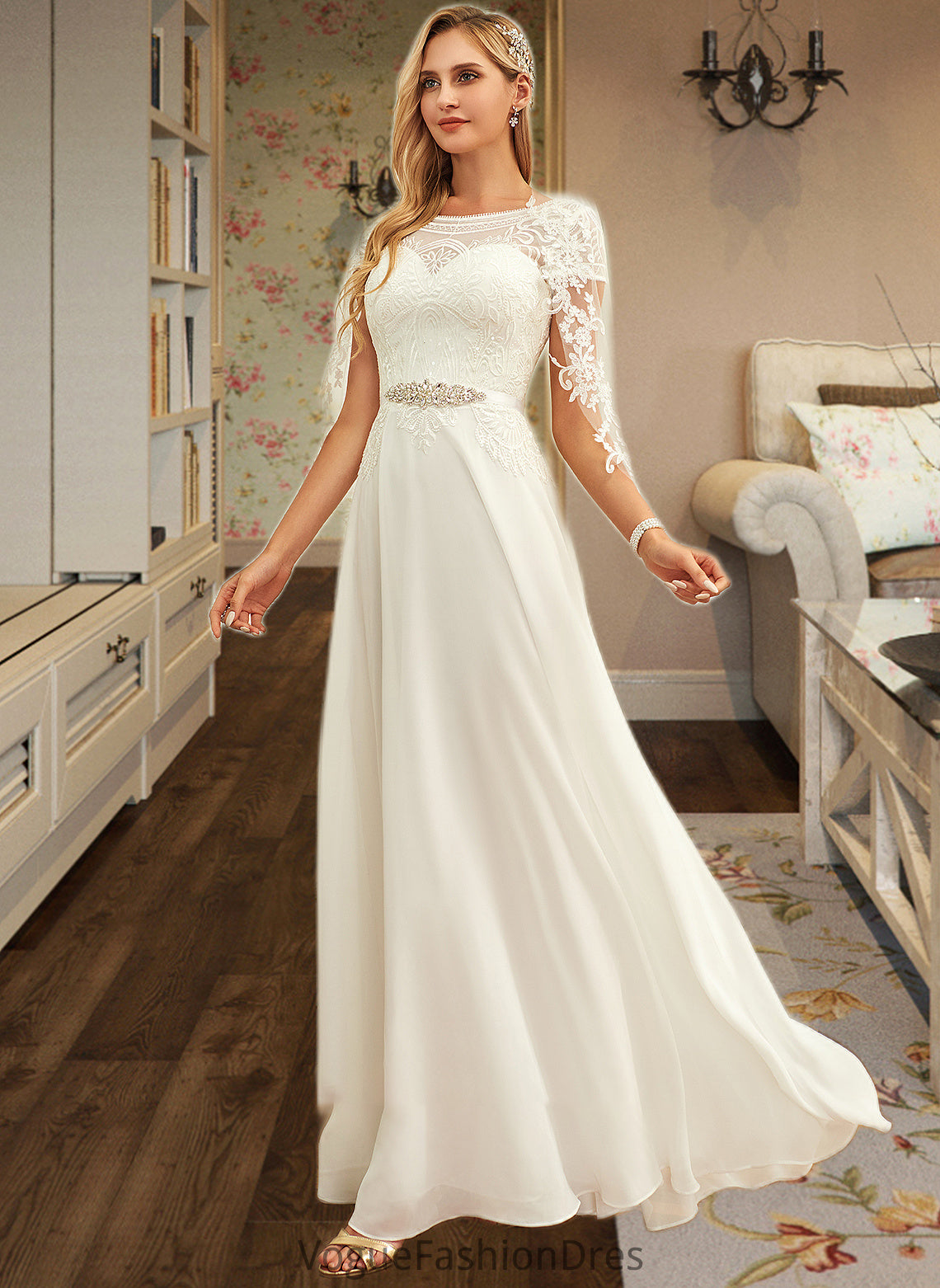 Marlee A-Line Scoop Neck Floor-Length Chiffon Lace Wedding Dress With Sequins DKP0013775