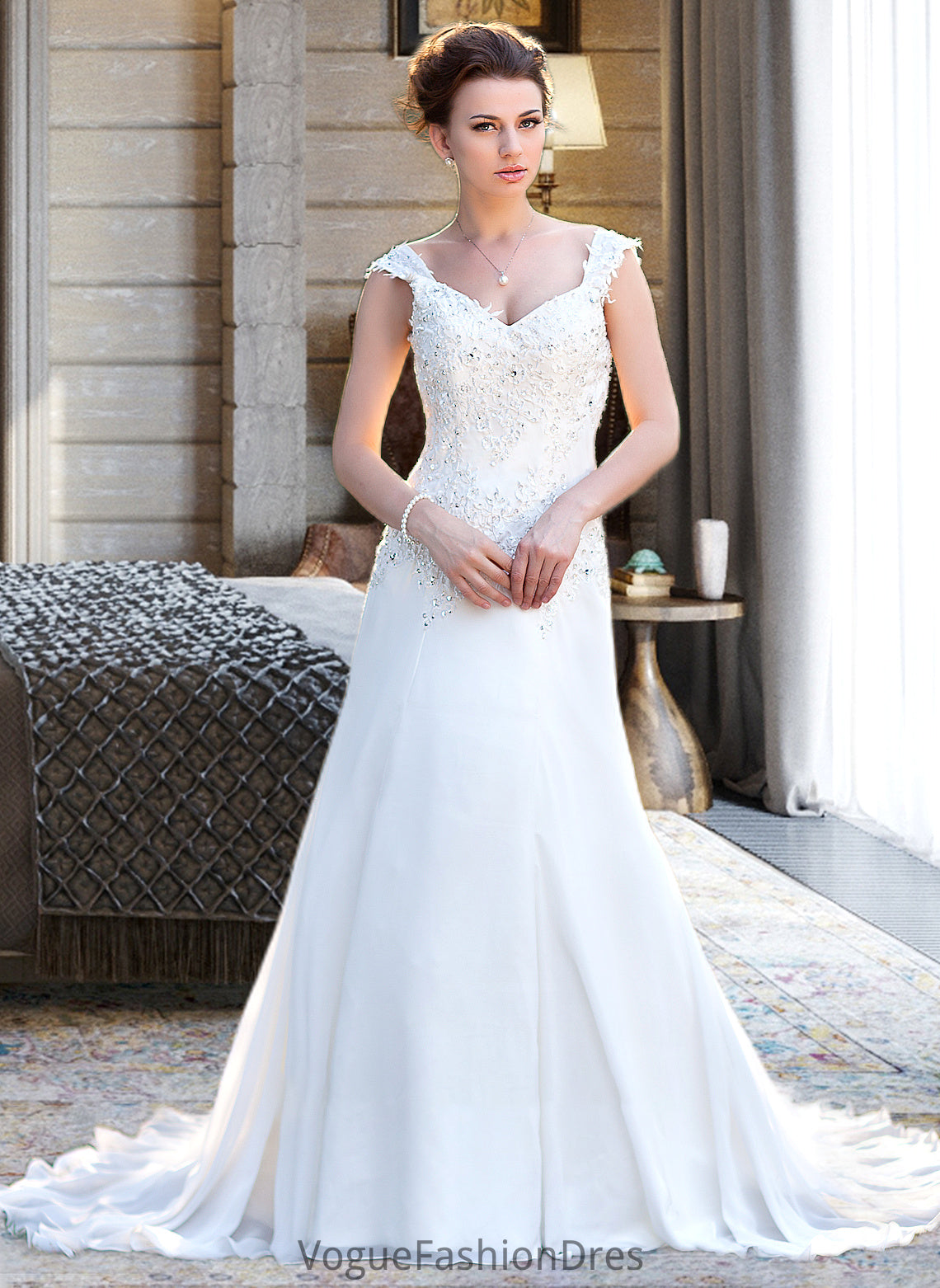 Angel A-Line V-neck Court Train Chiffon Wedding Dress With Lace Beading Sequins DKP0013776