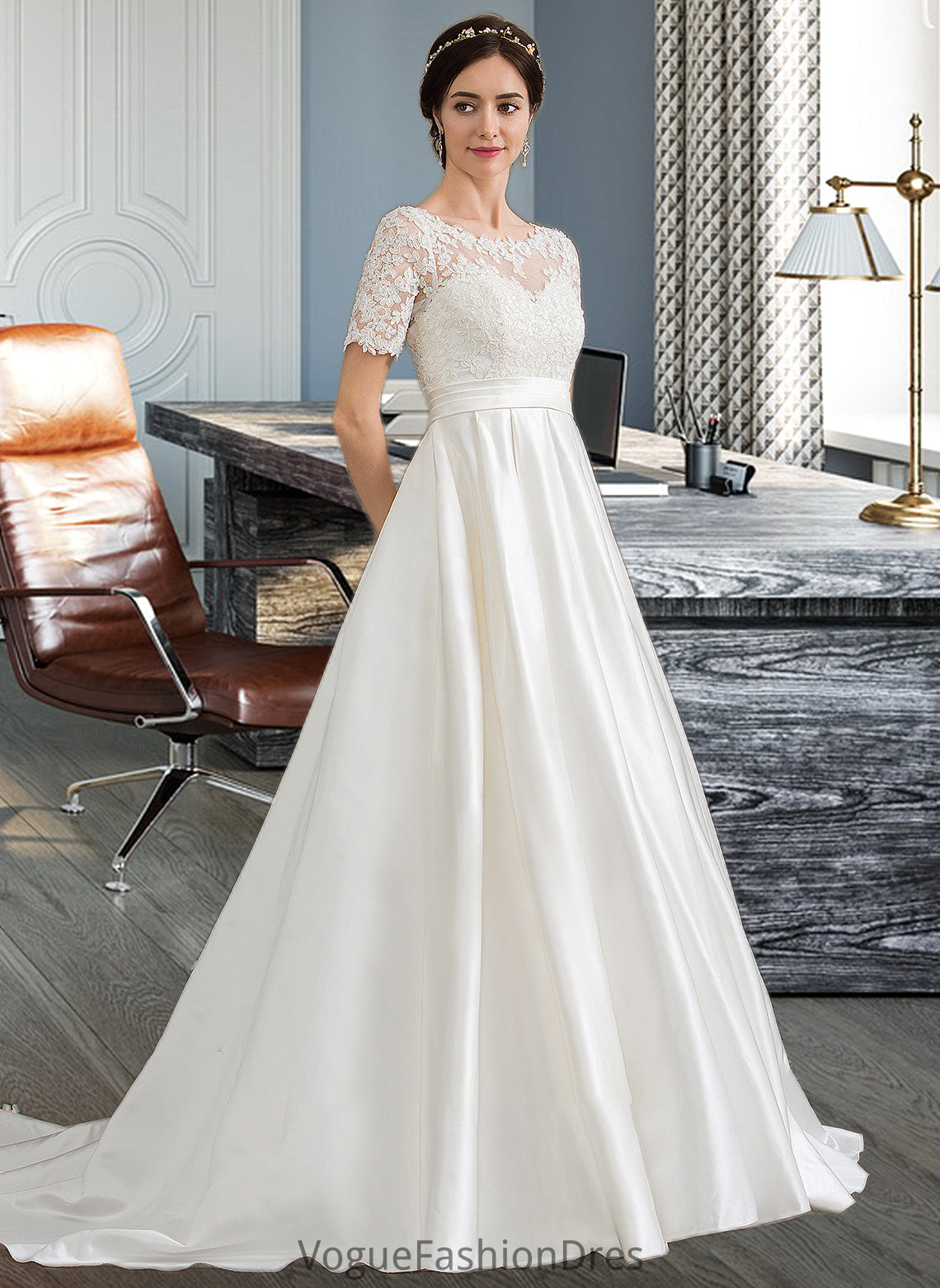 Lainey Ball-Gown/Princess Scoop Neck Court Train Satin Wedding Dress With Beading Sequins Pockets DKP0013777