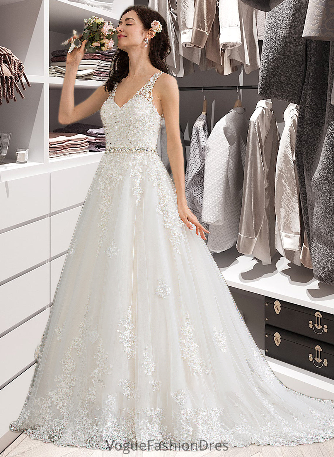 Pauline Ball-Gown/Princess V-neck Court Train Tulle Wedding Dress With Beading Sequins DKP0013779