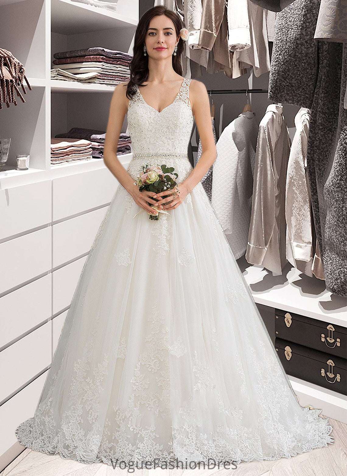 Pauline Ball-Gown/Princess V-neck Court Train Tulle Wedding Dress With Beading Sequins DKP0013779