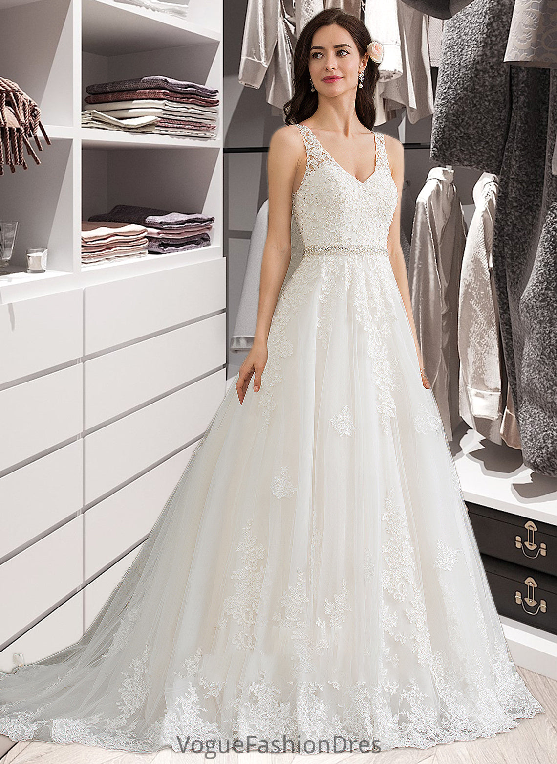 Pauline Ball-Gown/Princess V-neck Court Train Tulle Wedding Dress With Beading Sequins DKP0013779