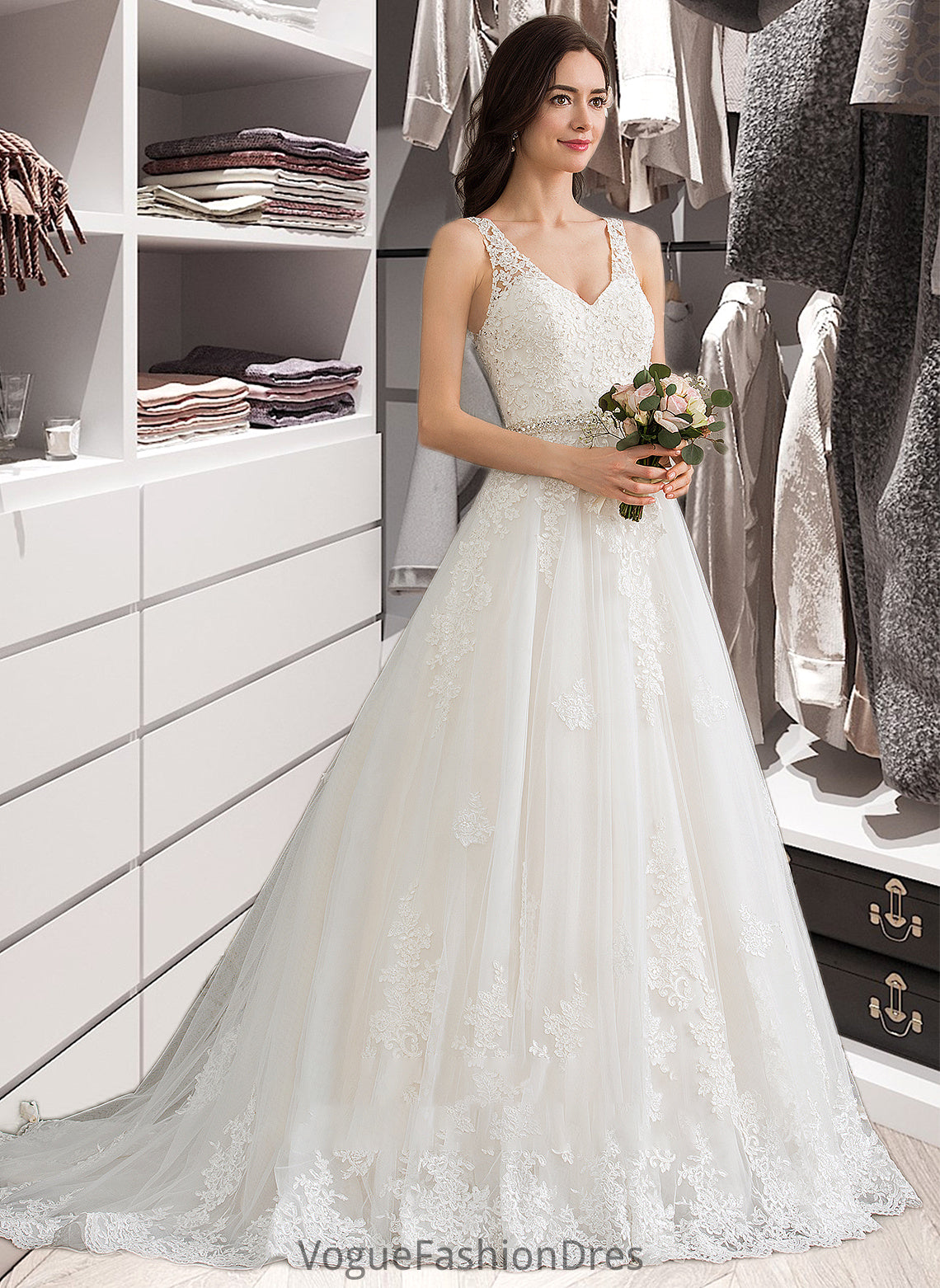 Pauline Ball-Gown/Princess V-neck Court Train Tulle Wedding Dress With Beading Sequins DKP0013779