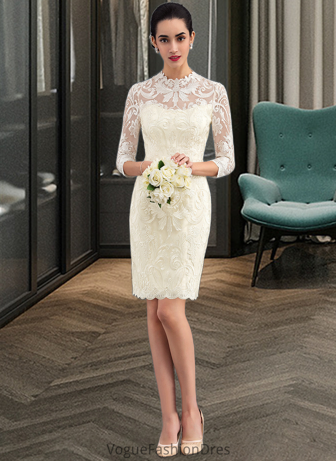 Aliyah Sheath/Column High Neck Knee-Length Lace Wedding Dress DKP0013781