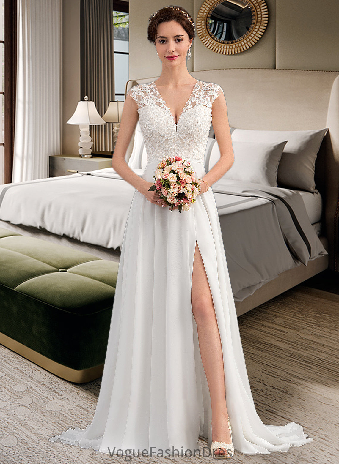 Charlee A-Line V-neck Sweep Train Chiffon Wedding Dress With Split Front DKP0013782