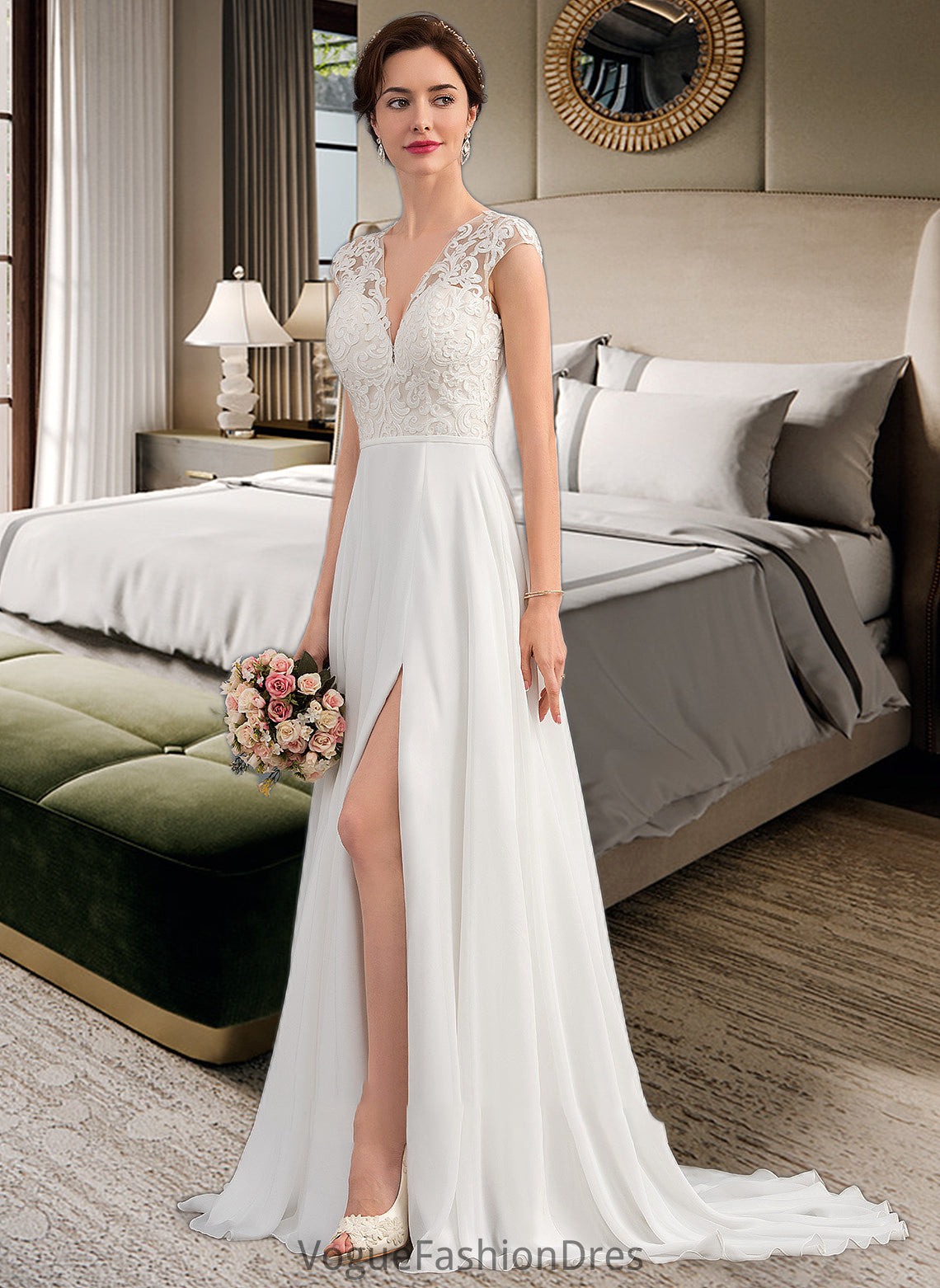 Charlee A-Line V-neck Sweep Train Chiffon Wedding Dress With Split Front DKP0013782