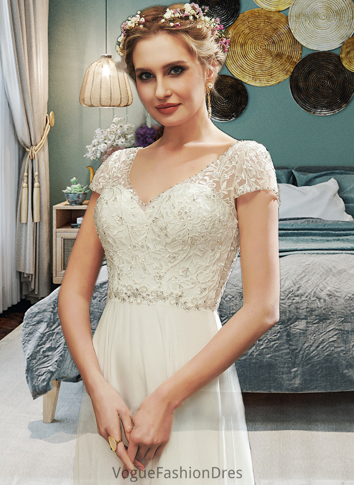 Karma A-Line V-neck Floor-Length Wedding Dress With Lace Beading Sequins DKP0013784