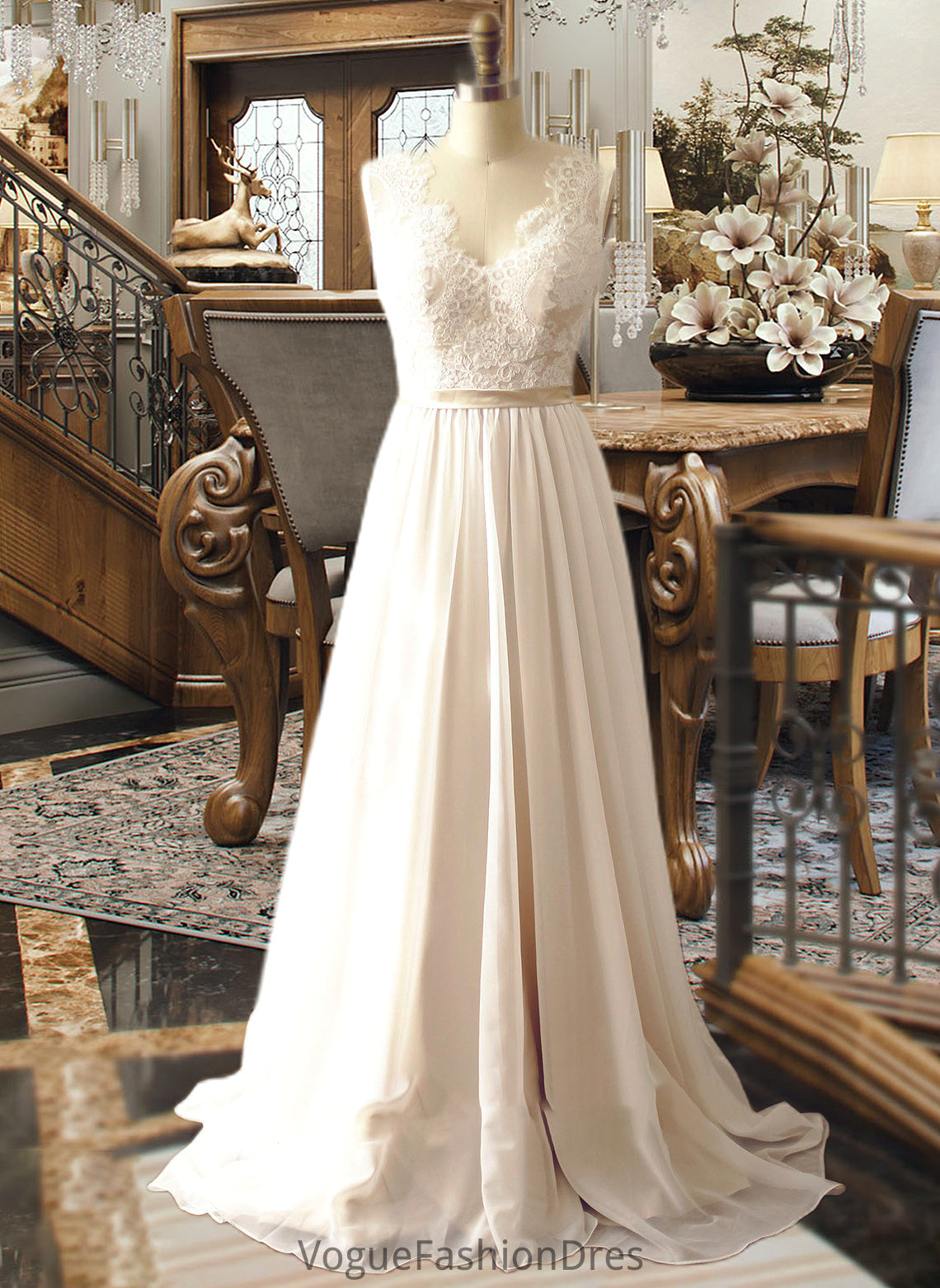 Maria A-Line V-neck Court Train Chiffon Wedding Dress DKP0013785