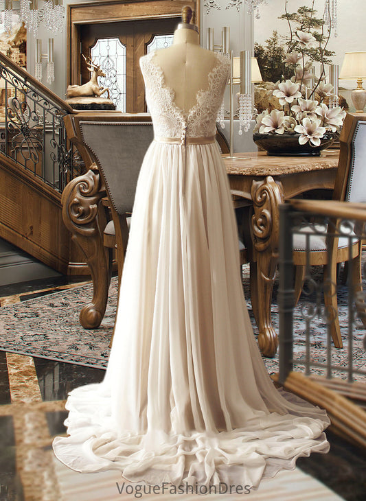 Maria A-Line V-neck Court Train Chiffon Wedding Dress DKP0013785